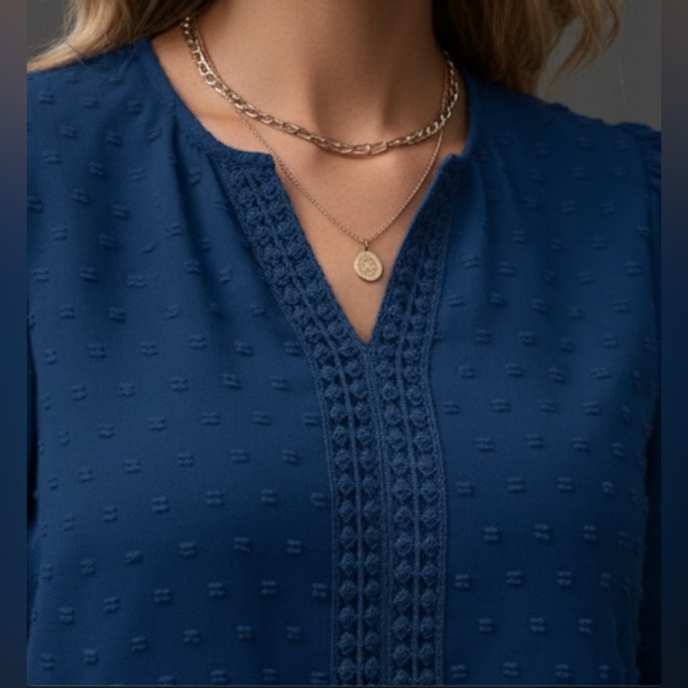 Swiss Dot Guipure Lace Insert Lantern Sleeve Blouse Blue - Picture 2 of 7